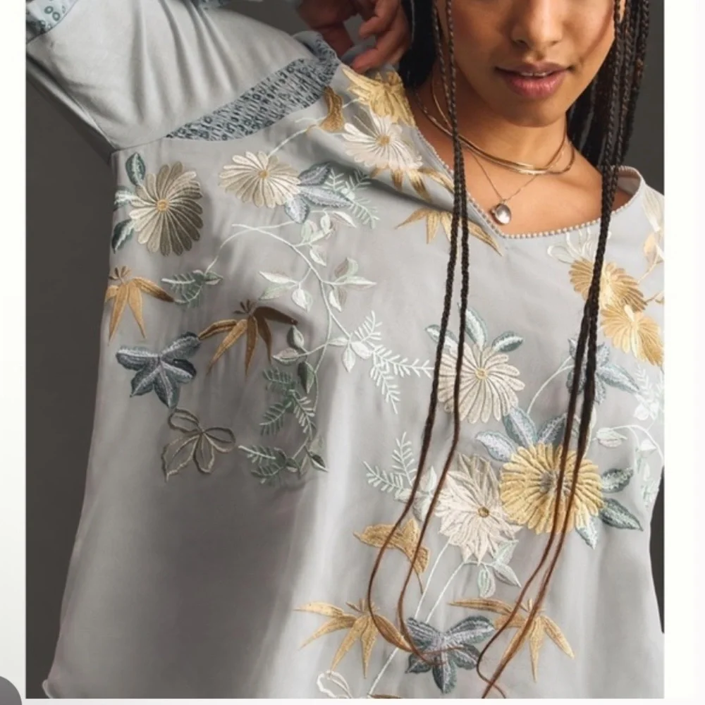 Anthropologie Tiny Frances long sleeve ruffle floral embroidered blouse NWOT